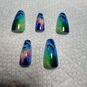 Press on nails green blue pink yellow marble abstract set